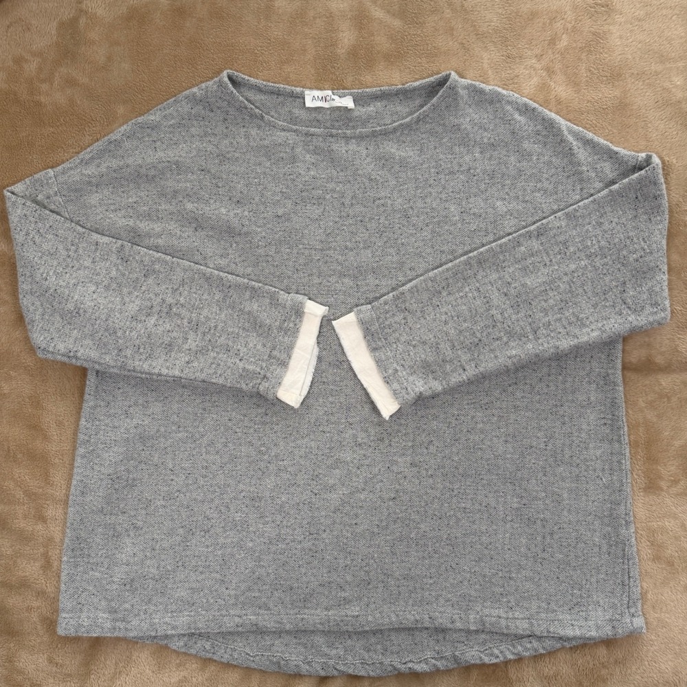 Amici by Baci Italy Wool Silk Blend Grey Boat Neck Sweater Top Contrast Cuff S